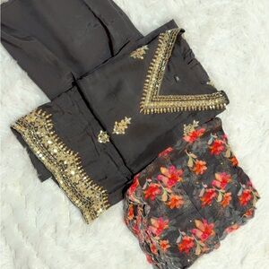 Elegant Black and Gold Embellished Suit with Floral Scarf